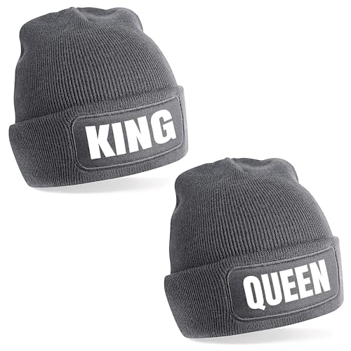 Herzbotschaft 2er Set Beanie Strickmütze mit Spruch | King - Queen | grau | Unisex SoftTouch angenehm weiche und warme Wintermütze | OneSize Einheitsgröße für Erwachsene von Herzbotschaft