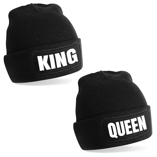 Herzbotschaft 2er Set Beanie Strickmütze mit Spruch | King - Queen | schwarz | Unisex SoftTouch angenehm weiche und warme Wintermütze | OneSize Einheitsgröße für Erwachsene von Herzbotschaft