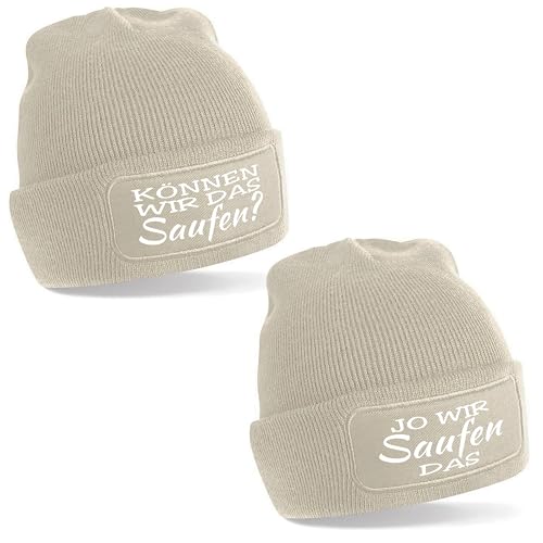 Herzbotschaft 2er Set Beanie Strickmütze mit Spruch | Können wir das Saufen? Jo wir Saufen das | Creme | Unisex SoftTouch angenehm weiche und warme Wintermütze | OneSize Einheitsgröße für Erwachsene von Herzbotschaft