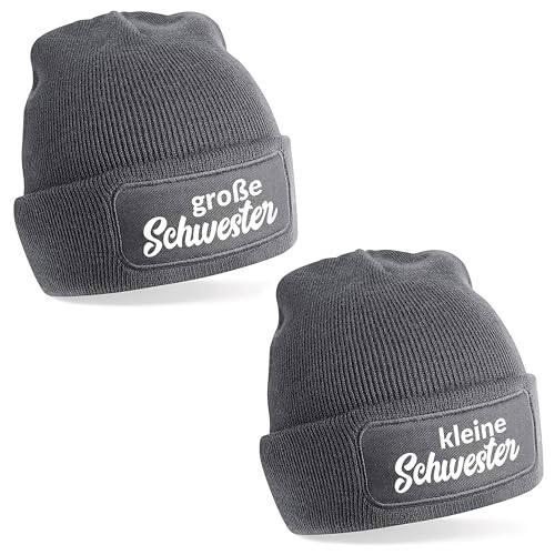 Herzbotschaft 2er Set Beanie Strickmütze mit Spruch | Schwestern | grau | Unisex SoftTouch angenehm weiche und warme Wintermütze | OneSize Einheitsgröße für Erwachsene von Herzbotschaft