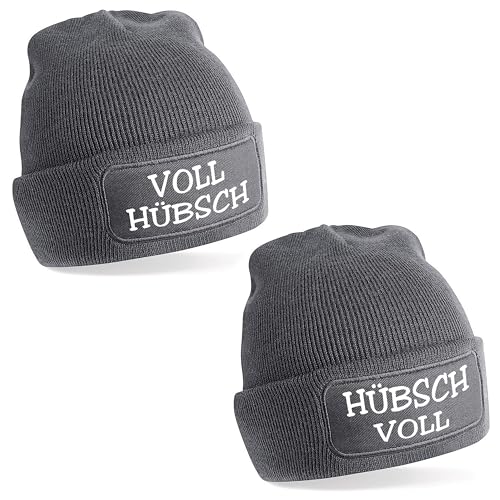 Herzbotschaft 2er Set Beanie Strickmütze mit Spruch | Voll Hübsch - Hübsch Voll | grau | Unisex SoftTouch angenehm weiche und warme Wintermütze | OneSize Einheitsgröße für Erwachsene von Herzbotschaft