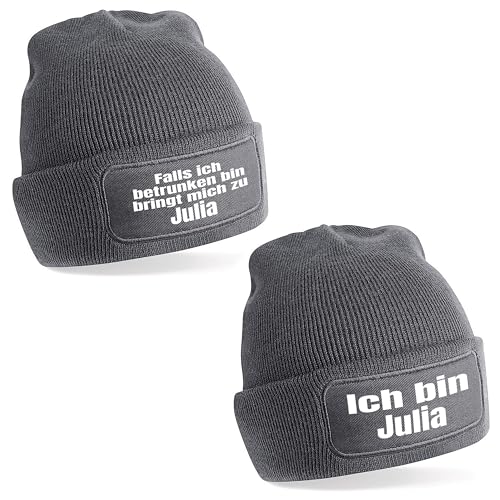 Herzbotschaft 2er Set Beanie Strickmützen mit Spruch und Wunschnamen personalisiert | Falls ich betrunken Bin | grau | Unisex SoftTouch angenehm weiche und warme Wintermützen | OneSize für Erwachsene von Herzbotschaft