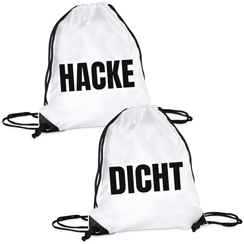 Herzbotschaft 2er Set Turnbeutel mit Aufdruck | Hacke Dicht | Zuziehbeutel mit robusten Kordelzug | für Festival, Freizeit oder Sport | OneSize Einheitsgröße für Erwachsene von Herzbotschaft