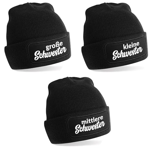 Herzbotschaft 3er Set Beanie Strickmütze mit Spruch | Schwestern | schwarz | Unisex SoftTouch angenehm weiche und warme Wintermütze | OneSize Einheitsgröße für Erwachsene von Herzbotschaft