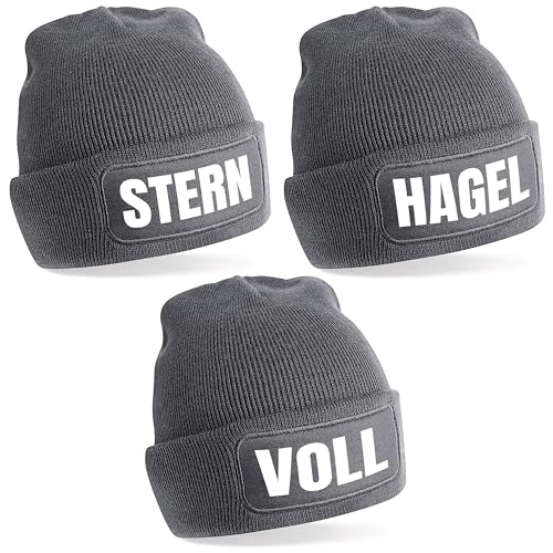 Herzbotschaft 3er Set Beanie Strickmütze mit Spruch | Stern - HAGEL - VOLL | grau | Unisex SoftTouch angenehm weiche und warme Wintermütze | OneSize Einheitsgröße für Erwachsene von Herzbotschaft