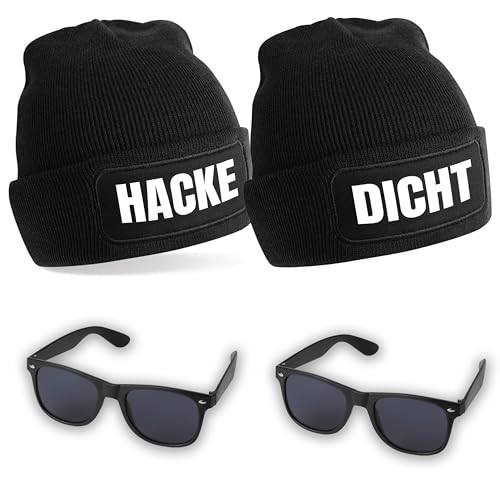 Herzbotschaft Beanie 2er-Set mit Spruch | Hacke Dicht | schwarz + Sonnenbrille UV400 – Lustiges Party Outfit Set, Mütze & Brille für Après Ski, Festival, Junggesellenabschied & Geschenkidee von Herzbotschaft