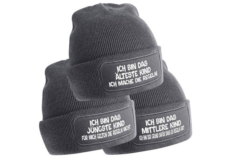 Herzbotschaft Beanie 3er Set Beanies Strickmütze mit Spruch ICH BIN DAS JÜNGSTE KIND - ICH (Mütze mit Aufdruck, Skimütze) Unisex SoftTouch angenehm weiche und warme Wintermütze Einheitsgröße von Herzbotschaft