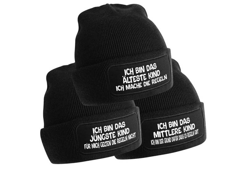 Herzbotschaft Beanie 3er Set Beanies Strickmütze mit Spruch ICH BIN DAS JÜNGSTE KIND - ICH (Mütze mit Aufdruck, Skimütze) Unisex SoftTouch angenehm weiche und warme Wintermütze Einheitsgröße von Herzbotschaft