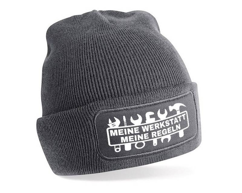 Herzbotschaft Beanie Strickmütze Beanie mit Spruch MEINE WERKSTATT MEINE REGELN (Mütze mit Aufdruck, Skimütze) Unisex SoftTouch angenehm weiche und warme Wintermütze Einheitsgröße von Herzbotschaft