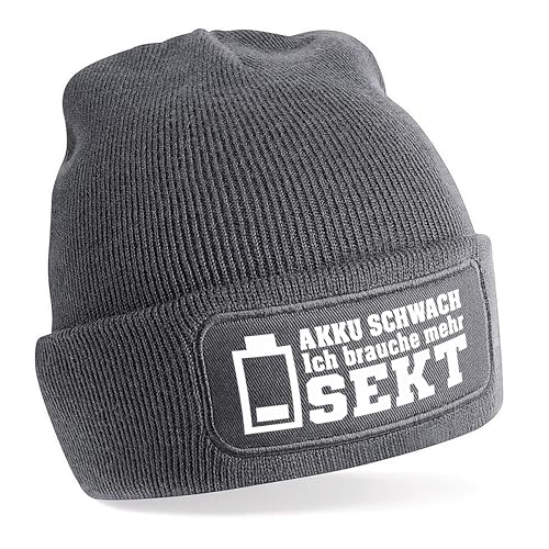Herzbotschaft Beanie Strickmütze mit Spruch | Akku schwach - Ich Brauche mehr Sekt | grau | Unisex SoftTouch angenehm weiche und warme Wintermütze | OneSize Einheitsgröße für Erwachsene Herzbotschaft Beanie Strickmütze mit Spruch | Akku schwach - Ich Brauche mehr Sekt | grau | Unisex SoftTouch angenehm weiche und warme Wintermütze | OneSize Einheitsgröße für Erwachsene von Herzbotschaft