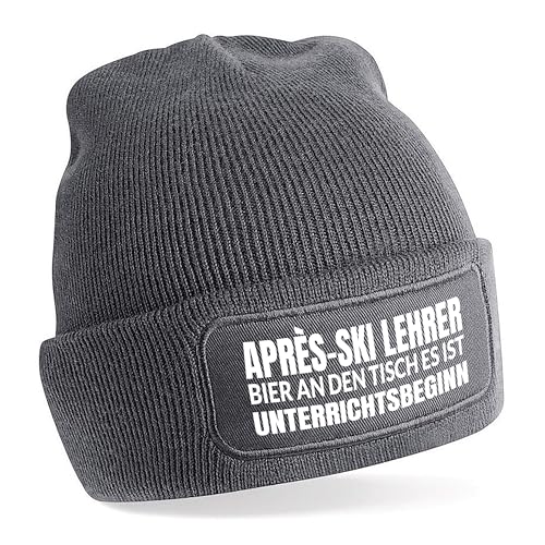 Herzbotschaft Beanie Strickmütze mit Spruch | Après-Ski Lehrer | grau | Unisex SoftTouch angenehm weiche und warme Wintermütze | OneSize Einheitsgröße für Erwachsene von Herzbotschaft