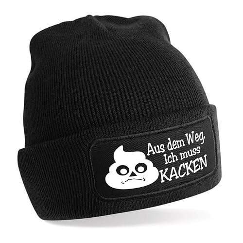 Herzbotschaft Beanie Strickmütze mit Spruch | Aus dem Weg. Ich muss Kacken | schwarz | Unisex SoftTouch angenehm weiche und warme Wintermütze | OneSize Einheitsgröße für Erwachsene von Herzbotschaft