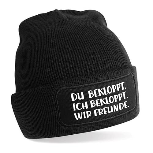 Herzbotschaft Beanie Strickmütze mit Spruch | Bekloppt Aber Freunde | schwarz | Unisex SoftTouch angenehm weiche und warme Wintermütze | OneSize Einheitsgröße für Erwachsene von Herzbotschaft