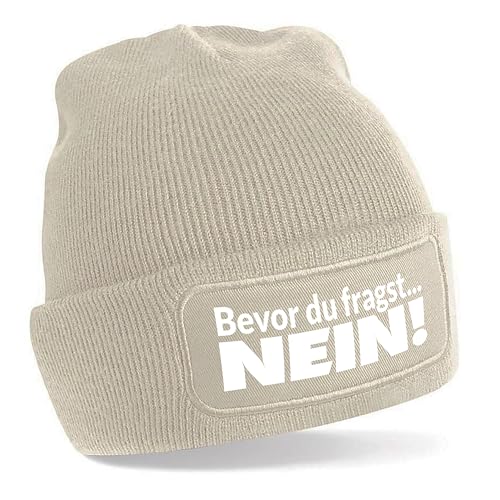 Herzbotschaft Beanie Strickmütze mit Spruch | Bevor du fragst... Nein | Creme | Unisex SoftTouch angenehm weiche und warme Wintermütze | OneSize Einheitsgröße für Erwachsene von Herzbotschaft