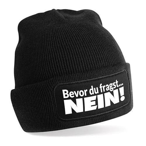 Herzbotschaft Beanie Strickmütze mit Spruch | Bevor du fragst... Nein | schwarz | Unisex SoftTouch angenehm weiche und warme Wintermütze | OneSize Einheitsgröße für Erwachsene von Herzbotschaft