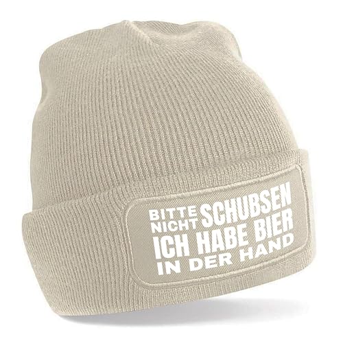 Herzbotschaft Beanie Strickmütze mit Spruch | Bitte Nicht schubsen | Creme | Unisex SoftTouch angenehm weiche und warme Wintermütze | OneSize Einheitsgröße für Erwachsene von Herzbotschaft