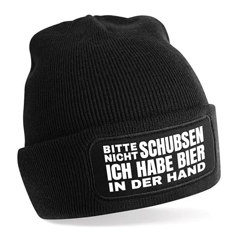 Herzbotschaft Beanie Strickmütze mit Spruch | Bitte Nicht schubsen | schwarz | Unisex SoftTouch angenehm weiche und warme Wintermütze | OneSize Einheitsgröße für Erwachsene von Herzbotschaft
