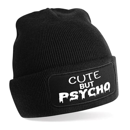 Herzbotschaft Beanie Strickmütze mit Spruch | Cute but Psycho | schwarz | Unisex SoftTouch angenehm weiche und warme Wintermütze | OneSize Einheitsgröße für Erwachsene von Herzbotschaft