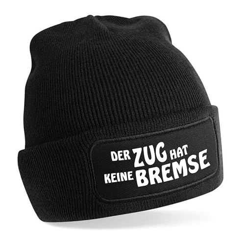 Herzbotschaft Beanie Strickmütze mit Spruch | Der Zug hat Keine Bremse | schwarz | Unisex SoftTouch angenehm weiche und warme Wintermütze | OneSize Einheitsgröße für Erwachsene von Herzbotschaft