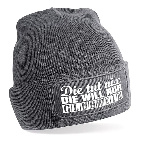 Herzbotschaft Beanie Strickmütze mit Spruch | Die TUT nix. Die Will nur Glühwein | grau | Unisex SoftTouch angenehm weiche und warme Wintermütze | OneSize Einheitsgröße für Erwachsene von Herzbotschaft