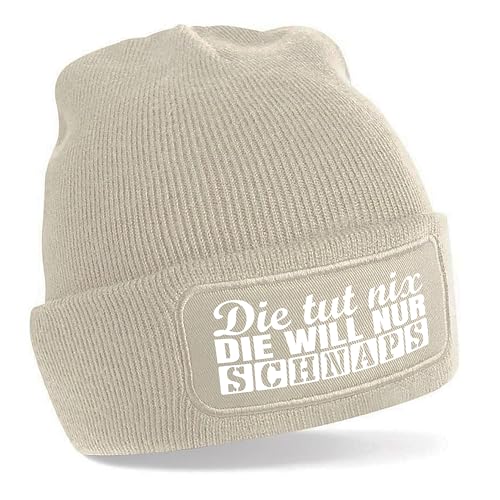 Herzbotschaft Beanie Strickmütze mit Spruch | Die TUT nix. Die Will nur Schnaps | Creme | Unisex SoftTouch angenehm weiche und warme Wintermütze | OneSize Einheitsgröße für Erwachsene von Herzbotschaft