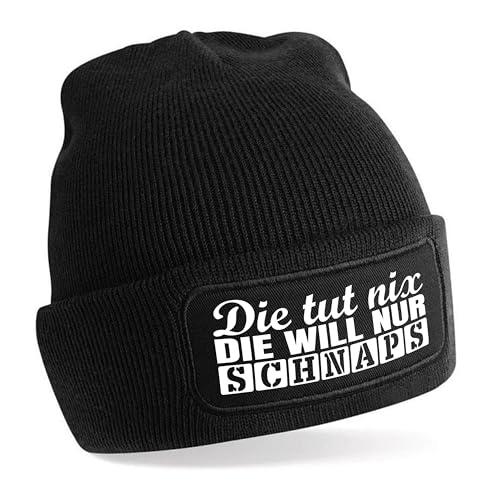 Herzbotschaft Beanie Strickmütze mit Spruch | Die TUT nix. Die Will nur Schnaps | schwarz | Unisex SoftTouch angenehm weiche und warme Wintermütze | OneSize Einheitsgröße für Erwachsene von Herzbotschaft