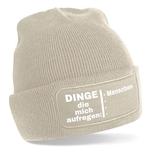 Herzbotschaft Beanie Strickmütze mit Spruch | Dinge die Mich aufregen: Menschen | Creme | Unisex SoftTouch angenehm weiche und warme Wintermütze | OneSize Einheitsgröße für Erwachsene von Herzbotschaft