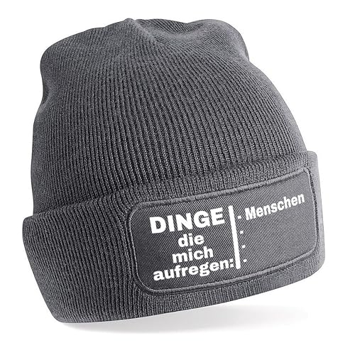 Herzbotschaft Beanie Strickmütze mit Spruch | Dinge die Mich aufregen: Menschen | grau | Unisex SoftTouch angenehm weiche und warme Wintermütze | OneSize Einheitsgröße für Erwachsene von Herzbotschaft