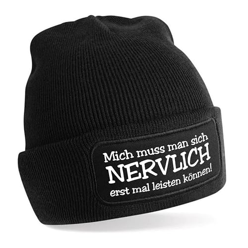 Beanie Strickmütze mit Spruch | Mich muss man sich nervlich erst mal leisten können! | schwarz | Unisex SoftTouch angenehm weiche und warme Wintermütze | OneSize Einheitsgröße für Erwachsene von Herzbotschaft