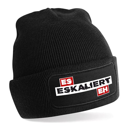 Herzbotschaft Beanie Strickmütze mit Spruch | Es eskaliert eh | schwarz | Unisex SoftTouch angenehm weiche und warme Wintermütze | OneSize Einheitsgröße für Erwachsene von Herzbotschaft