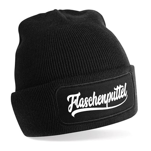 Herzbotschaft Beanie Strickmütze mit Spruch | Flaschenputtel | schwarz | Unisex SoftTouch angenehm weiche und warme Wintermütze | OneSize Einheitsgröße für Erwachsene von Herzbotschaft