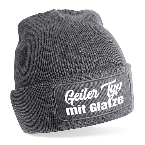 Herzbotschaft Beanie Strickmütze mit Spruch | Geiler Typ mit Glatze | grau | Unisex SoftTouch angenehm weiche und warme Wintermütze | OneSize Einheitsgröße für Erwachsene von Herzbotschaft