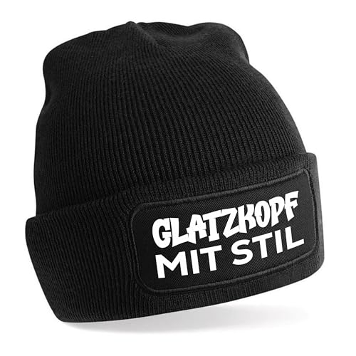 Herzbotschaft Beanie Strickmütze mit Spruch | Glatzkopf mit Stil | schwarz | Unisex SoftTouch angenehm weiche und warme Wintermütze | OneSize Einheitsgröße für Erwachsene von Herzbotschaft