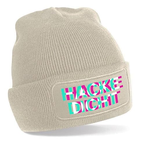 Herzbotschaft Beanie Strickmütze mit Spruch | HACKE DICHT Rauscheffekt | Creme | Unisex SoftTouch angenehm weiche und warme Wintermütze | OneSize Einheitsgröße für Erwachsene von Herzbotschaft