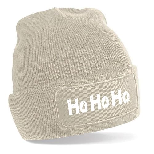 Herzbotschaft Beanie Strickmütze mit Spruch | HO HO HO | Creme | Unisex SoftTouch angenehm weiche und warme Wintermütze | OneSize Einheitsgröße für Erwachsene von Herzbotschaft
