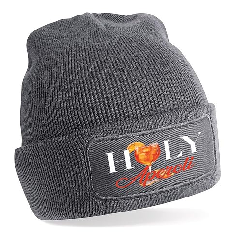 Herzbotschaft Beanie Strickmütze mit Spruch | HOLY Aperoli | grau | Unisex SoftTouch angenehm weiche und warme Wintermütze | OneSize Einheitsgröße für Erwachsene von Herzbotschaft