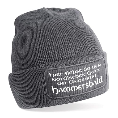 Herzbotschaft Beanie Strickmütze mit Spruch | Hammersbald | grau | Unisex SoftTouch angenehm weiche und warme Wintermütze | OneSize Einheitsgröße für Erwachsene von Herzbotschaft