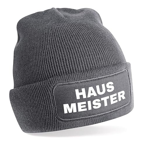 Herzbotschaft Beanie Strickmütze mit Spruch | Hausmeister | grau | Unisex SoftTouch angenehm weiche und warme Wintermütze | OneSize Einheitsgröße für Erwachsene von Herzbotschaft
