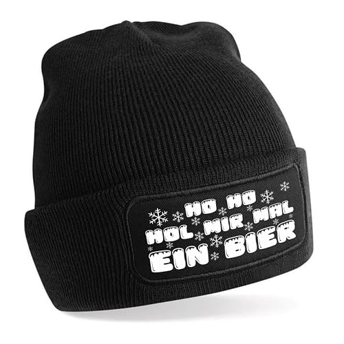 Beanie Strickmütze mit Spruch | Ho Ho HOL Mir mal EIN Bier | schwarz | Unisex SoftTouch angenehm weiche und warme Wintermütze | OneSize Einheitsgröße für Erwachsene von Herzbotschaft