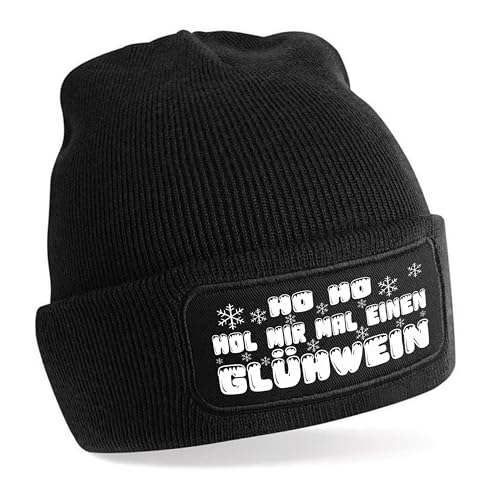 Herzbotschaft Beanie Strickmütze mit Spruch | Ho Ho HOL Mir mal einen Glühwein | schwarz | Unisex SoftTouch angenehm weiche und warme Wintermütze | OneSize Einheitsgröße für Erwachsene von Herzbotschaft