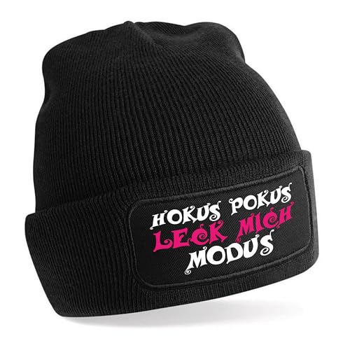 Herzbotschaft Beanie Strickmütze mit Spruch | Hokus Pokus Leck Mich Modus | schwarz | Unisex SoftTouch angenehm weiche und warme Wintermütze | OneSize Einheitsgröße für Erwachsene von Herzbotschaft