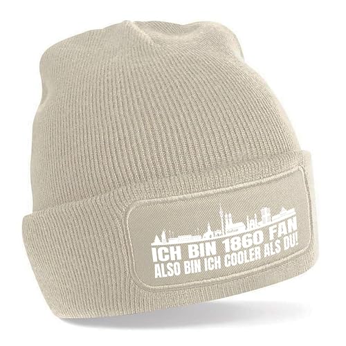 Herzbotschaft Beanie Strickmütze mit Spruch | Ich Bin 1860 Fan Also Bin ich Cooler als du! | Creme | weiche und warme Fußball Mütze für München Fan | Skyline | SoftTouch Einheitsgröße für Erwachsene von Herzbotschaft