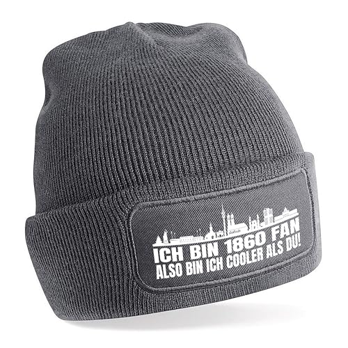 Herzbotschaft Beanie Strickmütze mit Spruch | Ich Bin 1860 Fan Also Bin ich Cooler als du! | grau | weiche und warme Fußball Mütze für München Fan | Skyline | SoftTouch Einheitsgröße für Erwachsene von Herzbotschaft