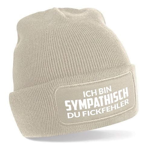 Herzbotschaft Beanie Strickmütze mit Spruch | Ich Bin Sympathisch | Creme | Unisex SoftTouch angenehm weiche und warme Wintermütze | OneSize Einheitsgröße für Erwachsene von Herzbotschaft
