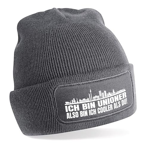 Herzbotschaft Beanie Strickmütze mit Spruch | Ich Bin Unioner Also Bin ich Cooler als du! | grau | weiche und warme Fußball Mütze für Berlin Fan | Skyline | SoftTouch Einheitsgröße für Erwachsene von Herzbotschaft