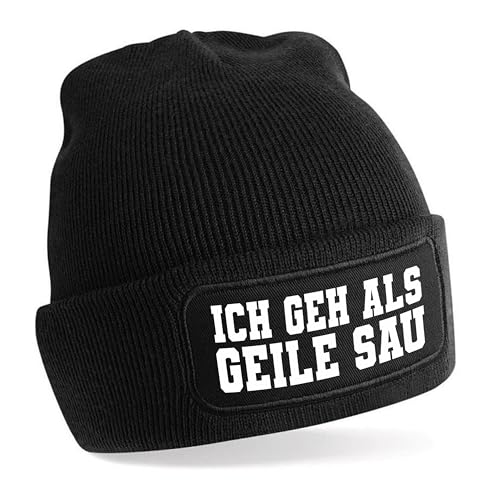 Herzbotschaft Beanie Strickmütze mit Spruch | Ich GEH als Geile Sau | schwarz | Unisex SoftTouch angenehm weiche und warme Wintermütze | OneSize Einheitsgröße für Erwachsene von Herzbotschaft