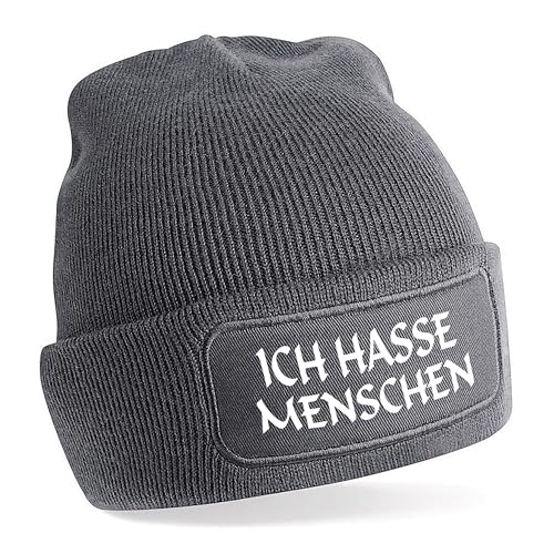 Herzbotschaft Beanie Strickmütze mit Spruch | Ich Hasse Menschen | grau | Unisex SoftTouch angenehm weiche und warme Wintermütze | OneSize Einheitsgröße für Erwachsene von Herzbotschaft