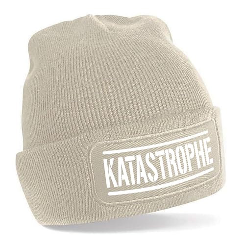 Herzbotschaft Beanie Strickmütze mit Spruch | Katastrophe | Creme | Unisex SoftTouch angenehm weiche und warme Wintermütze | OneSize Einheitsgröße für Erwachsene von Herzbotschaft