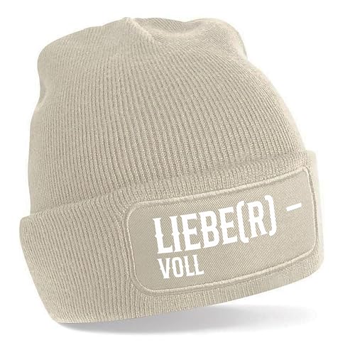 Herzbotschaft Beanie Strickmütze mit Spruch | Liebe(r)-voll - Lieber voll | Creme | Unisex SoftTouch angenehm weiche und warme Wintermütze | OneSize Einheitsgröße für Erwachsene von Herzbotschaft
