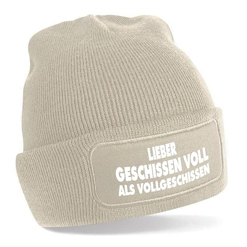 Herzbotschaft Beanie Strickmütze mit Spruch | Lieber geschissen voll | Creme | Unisex SoftTouch angenehm weiche und warme Wintermütze | OneSize Einheitsgröße für Erwachsene von Herzbotschaft